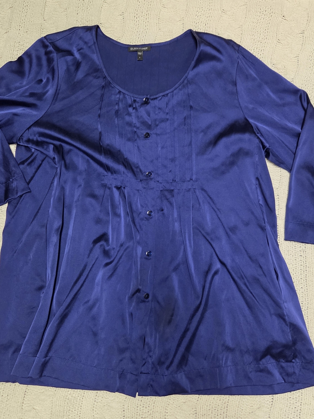 Eileen Fisher Deep Blue Satin Button-Front Tunic
